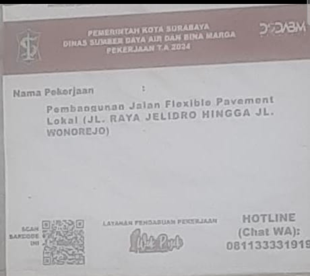 Foto : Papan Nama Proyek Jalan Raya Jelidro Hingga Wonorejo Surabaya