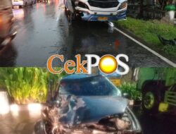 Gagal Menyalip, Bus Sumber Selamat Hantam Sedan dan Motor di Sidoarjo, Dua Korban Patah Tulang.